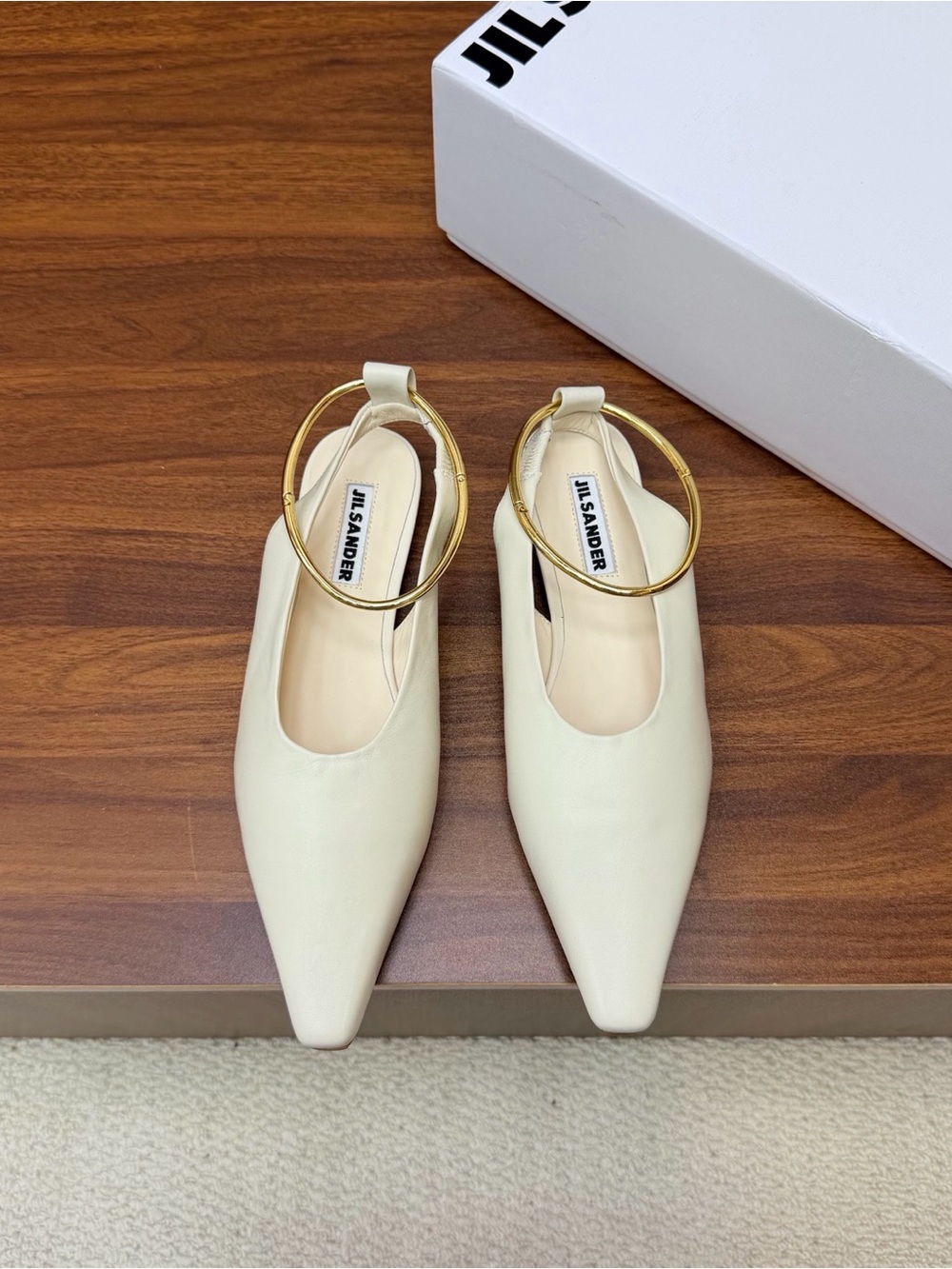 Jil Sander Cream Leather Slingback Flats with Gold Hoop Accent